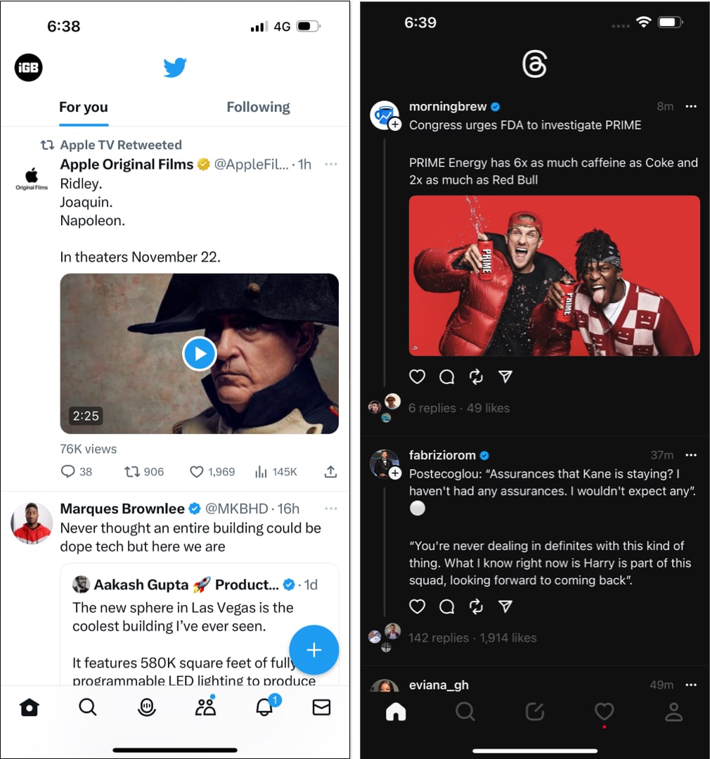 Threads and Twitter Content feed Comparison