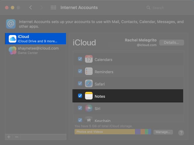 Tick Notes in iCloud in Notes app Setting