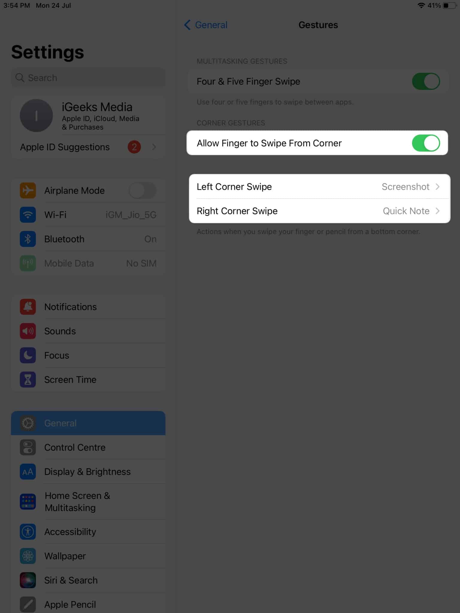 Toggle on Allow Finger to Swipe From Corner, Left Corner Swipe and Right Corner Swipe in iPad settings
