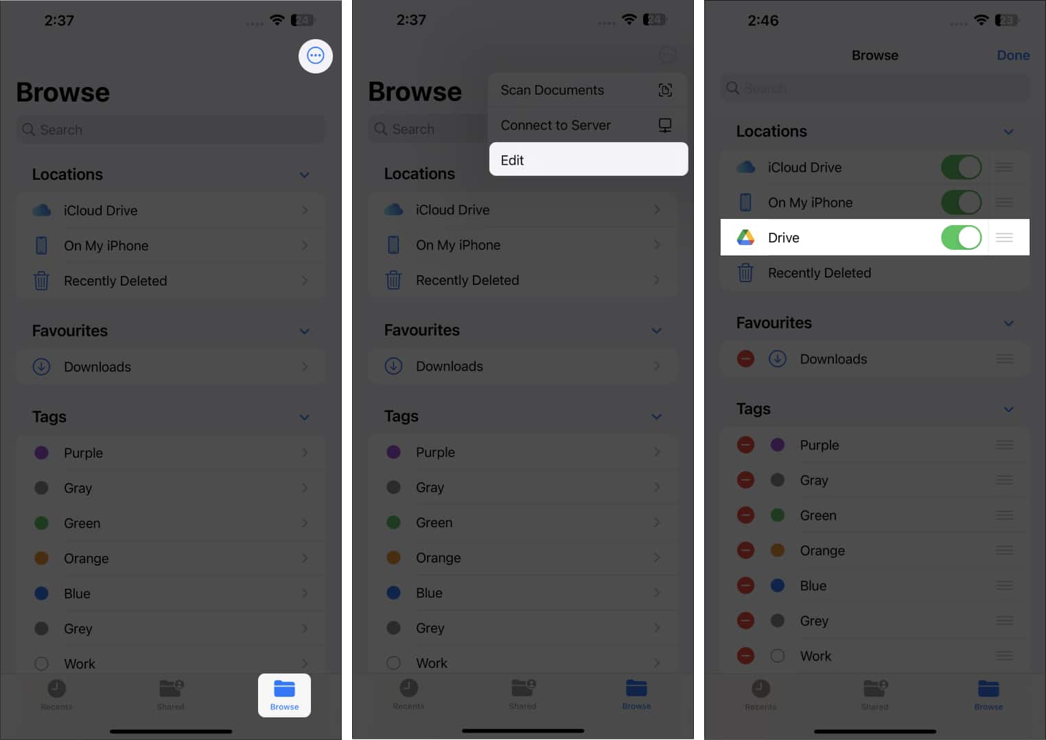 Toggle on the drive under locations from files on iphone