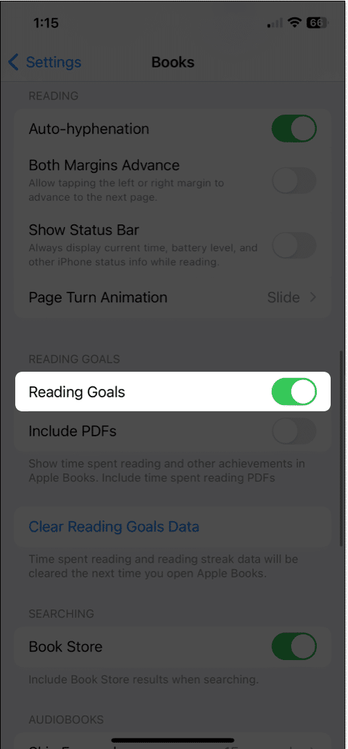 Toggle on the reading goals