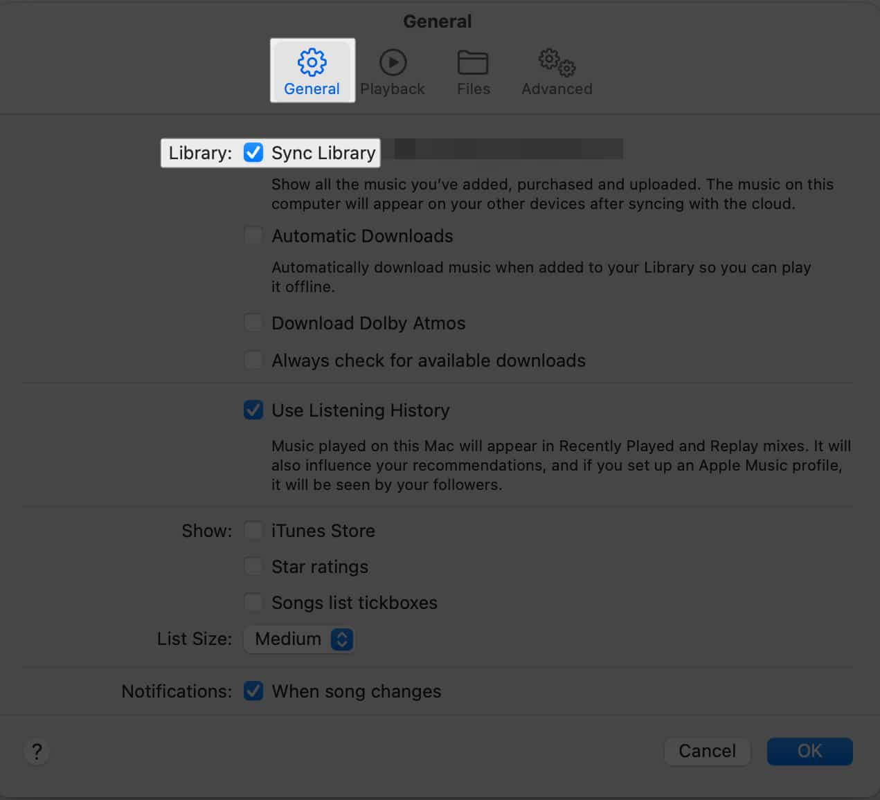 Under General, check the box next to Sync Library.