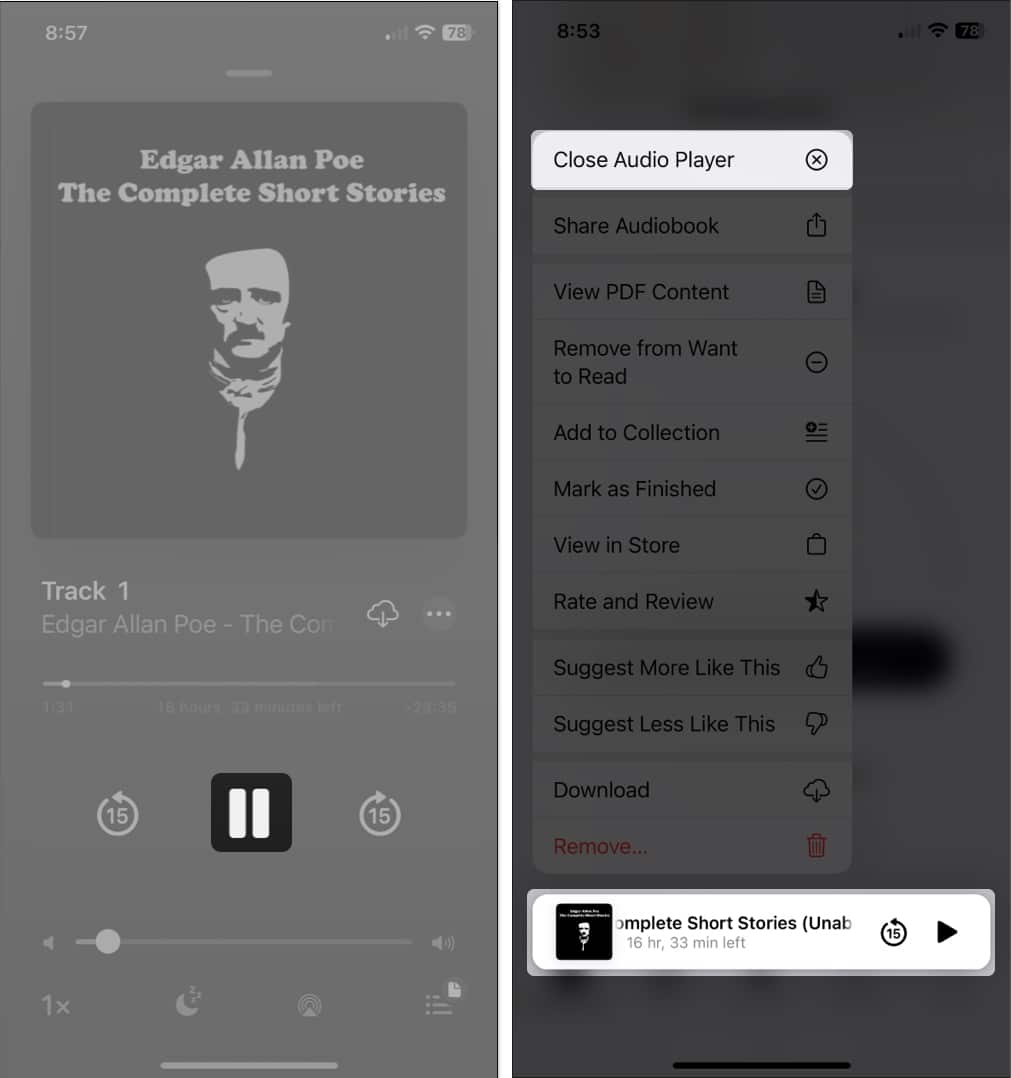 Use the mini Audio Player for audiobooks