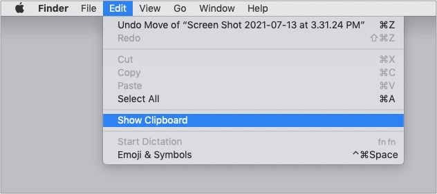 Click Edit in Finder and click Show Clipboard