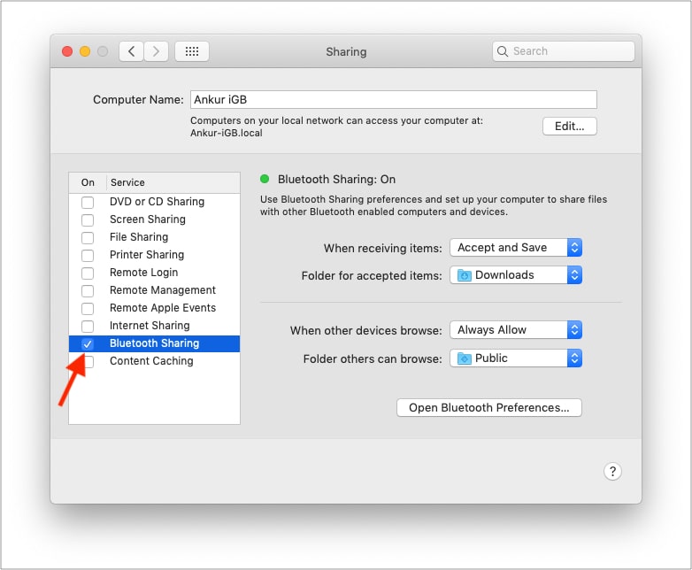 Enable Bluetooth Sharing on Mac