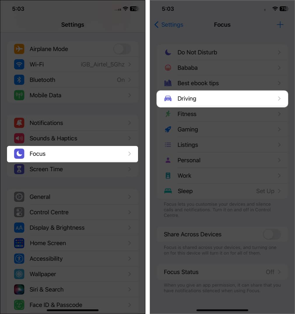 select focus, tap driving in Settings