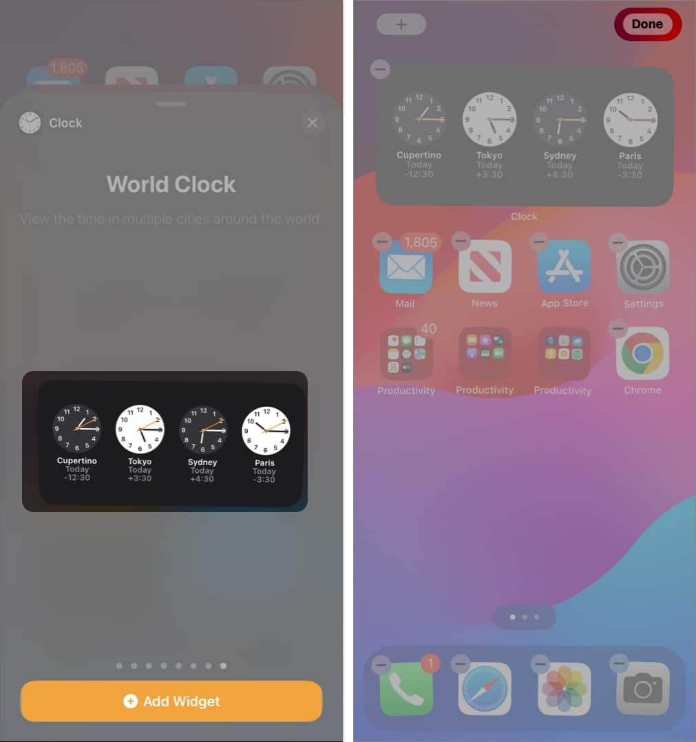 select world clock, tap add widget, tap done in home screen
