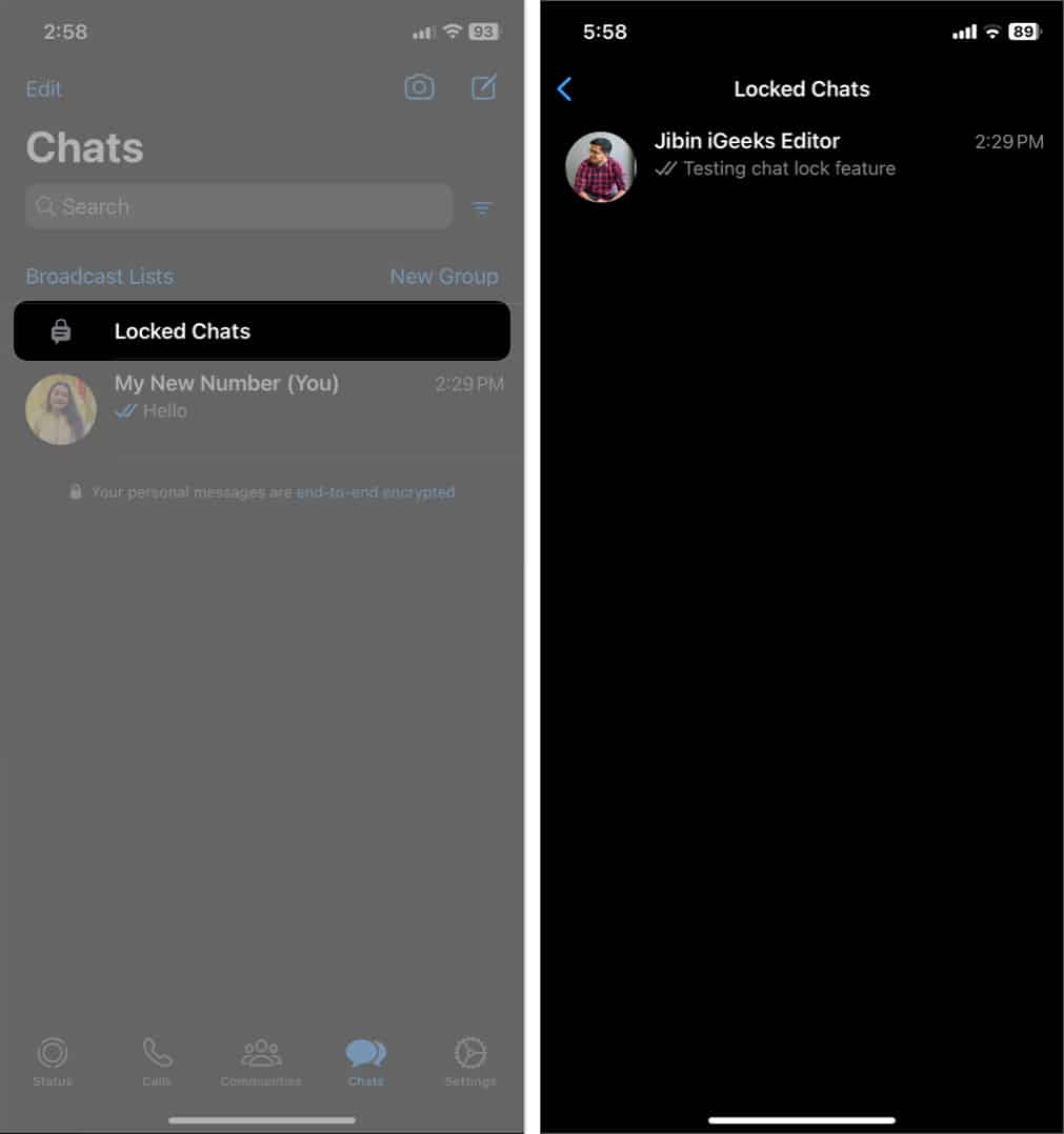 swipe down on chats, tap locked chats, open any chat on whatsapp