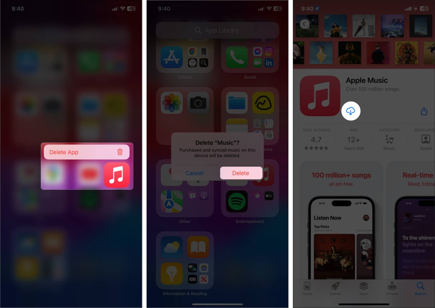 tap and hold music app, tap delete, download apple music in App store