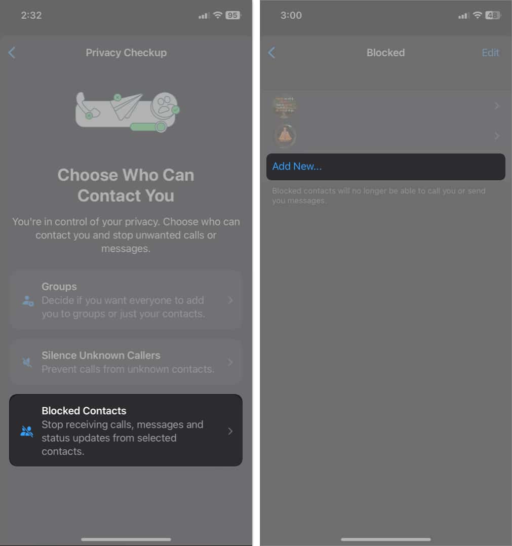 tap blocked contacts, tap add new in whatsapp