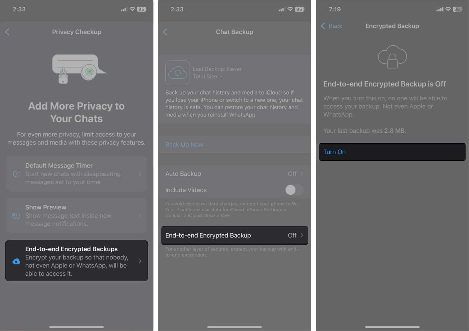 tap end to end encrypted backups, tap end to end encrypted backups, tap turn on in whatsapp