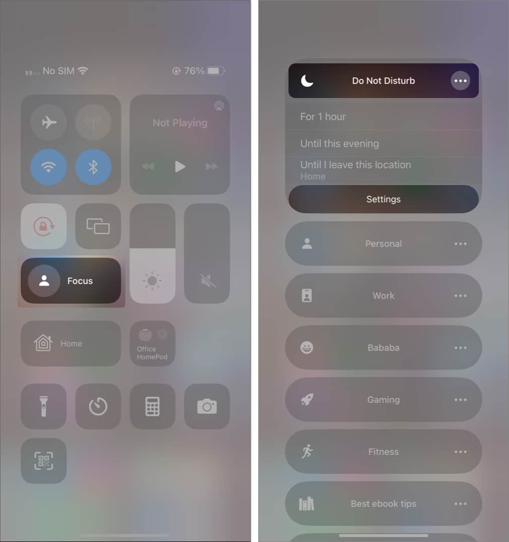 tap focus, tap three dots beside do not disturb, tap settings in control center