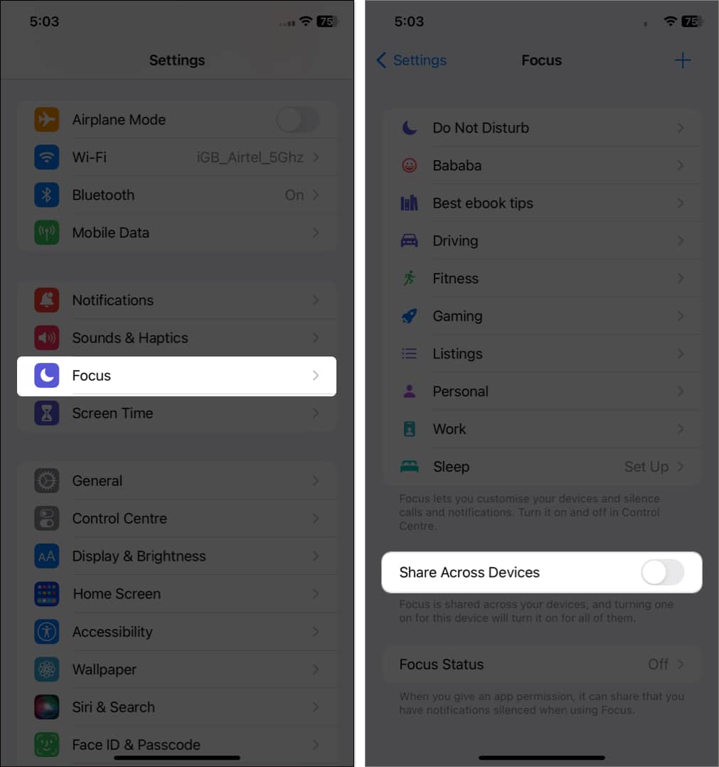 tap focus, toggle off share across devices in settings