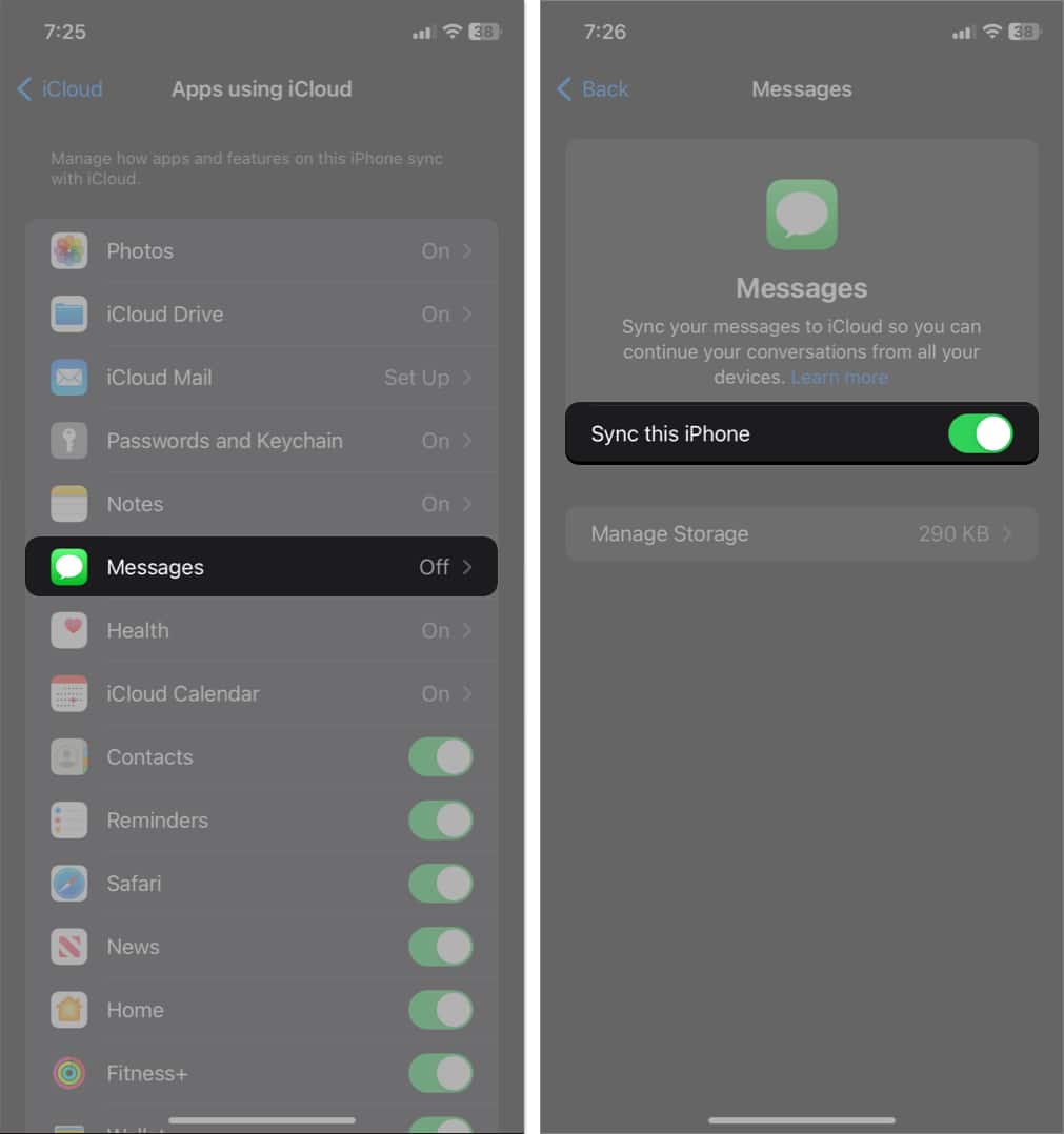 tap messages, toggle on sync this iphone in icloud settings