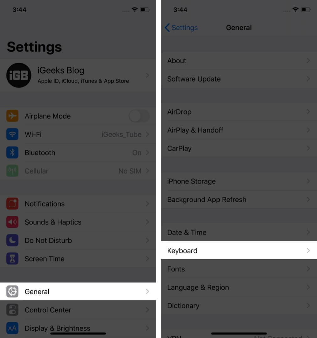 Tap on general and then tap keyboard in iphone settings