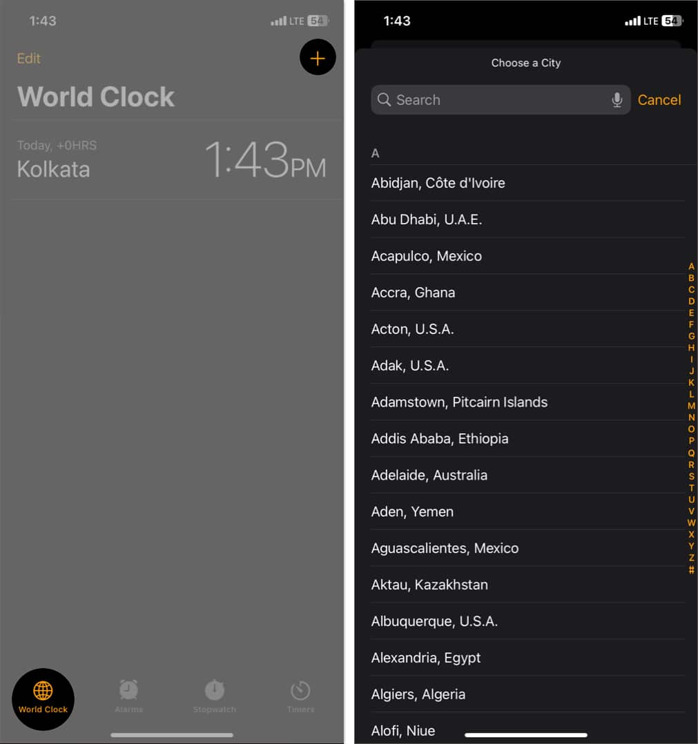 tap plus sign, select a city in clock 