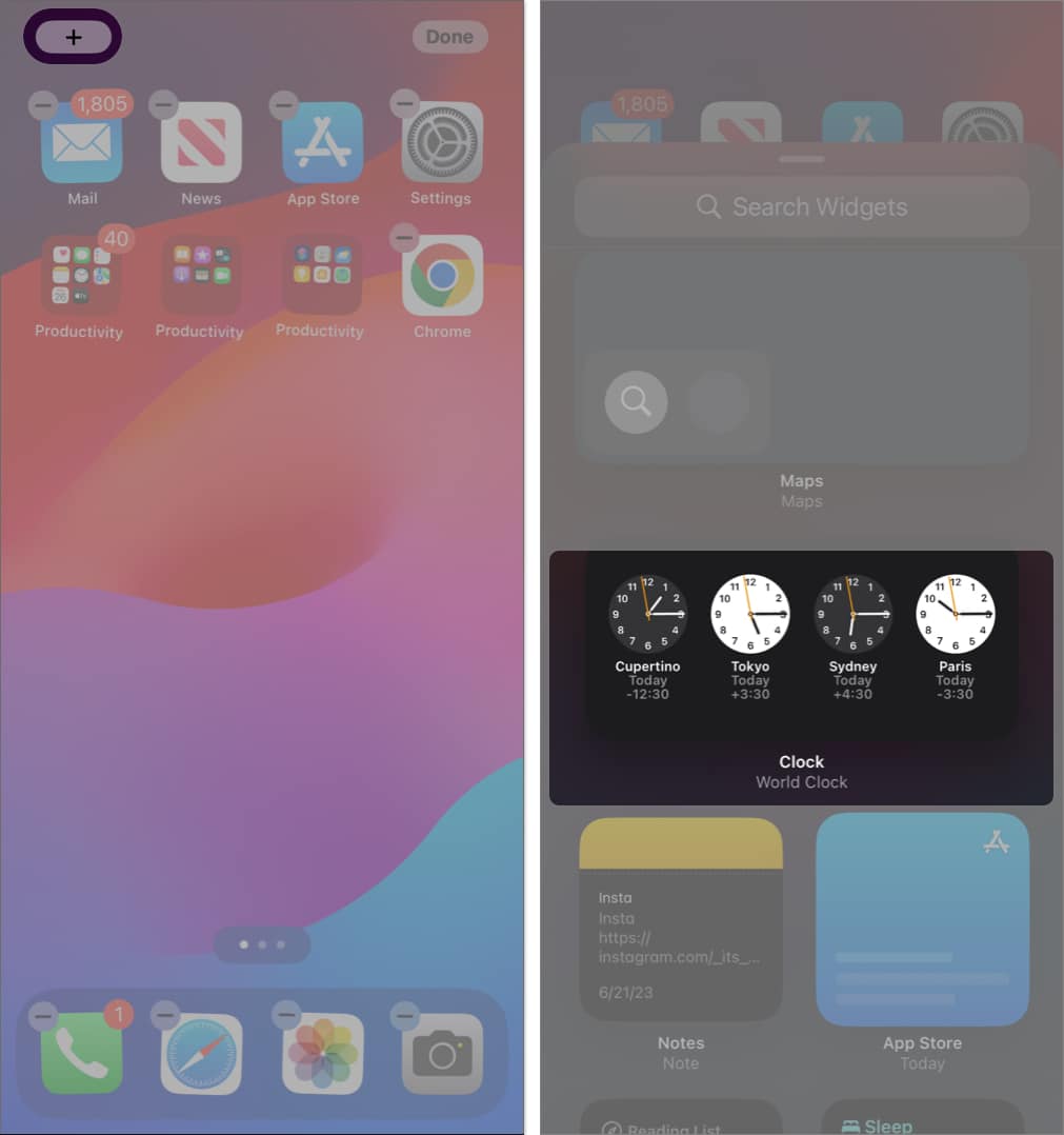 tap plus sign, tap clock widget in home screen