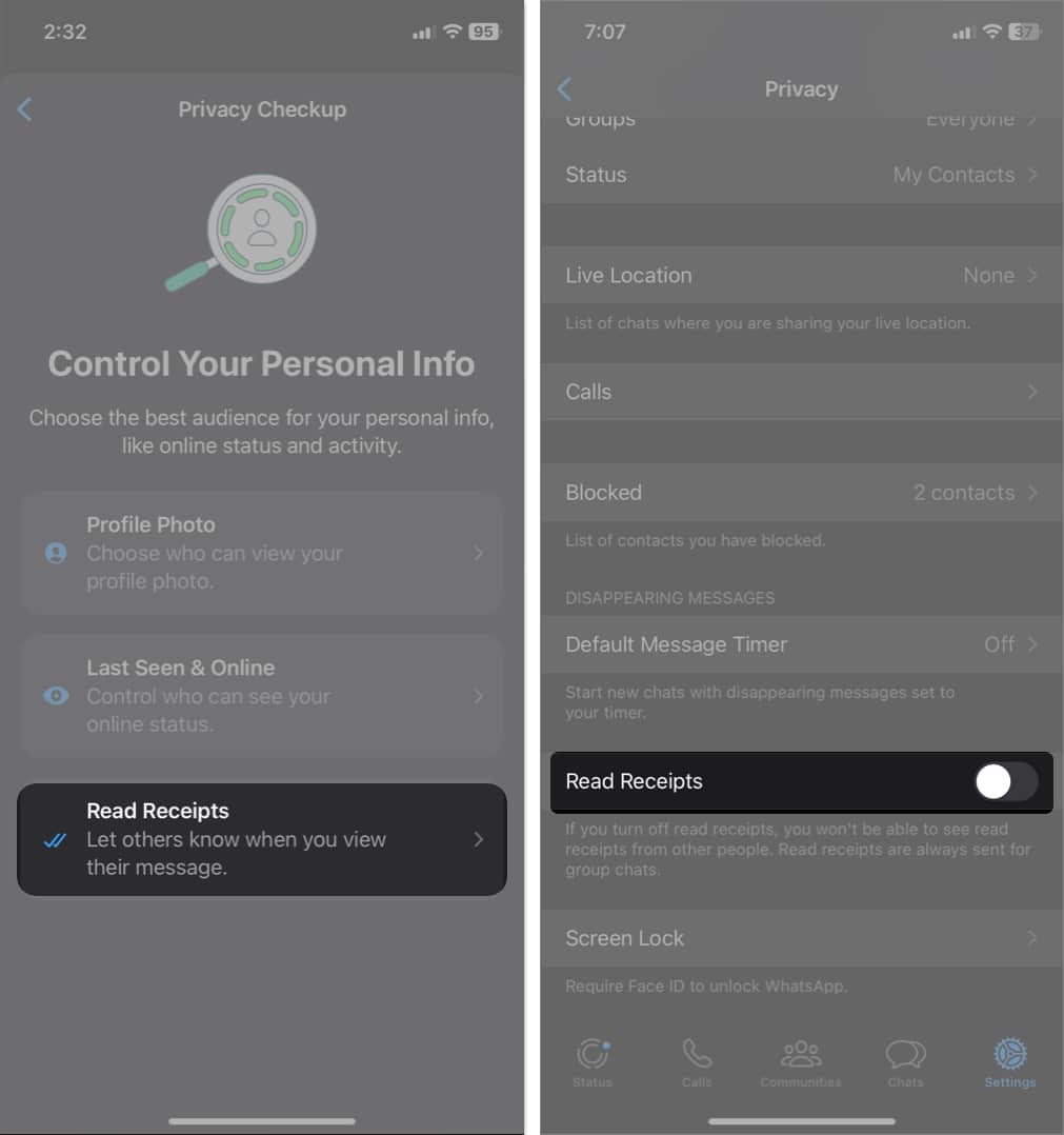 tap read receipts, toggle off read receipts in whatsapp