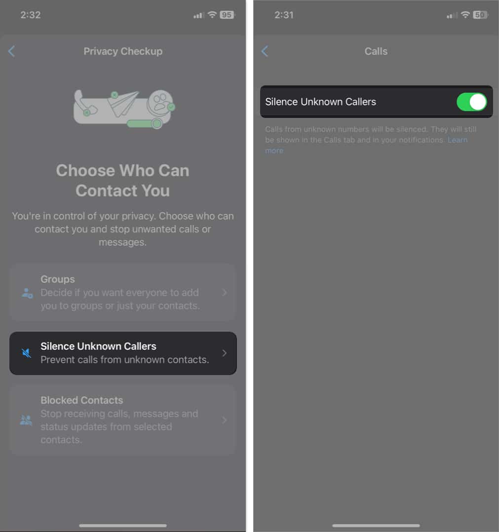 tap silence unknown callers, toggle on silence unknown callers in whatsapp