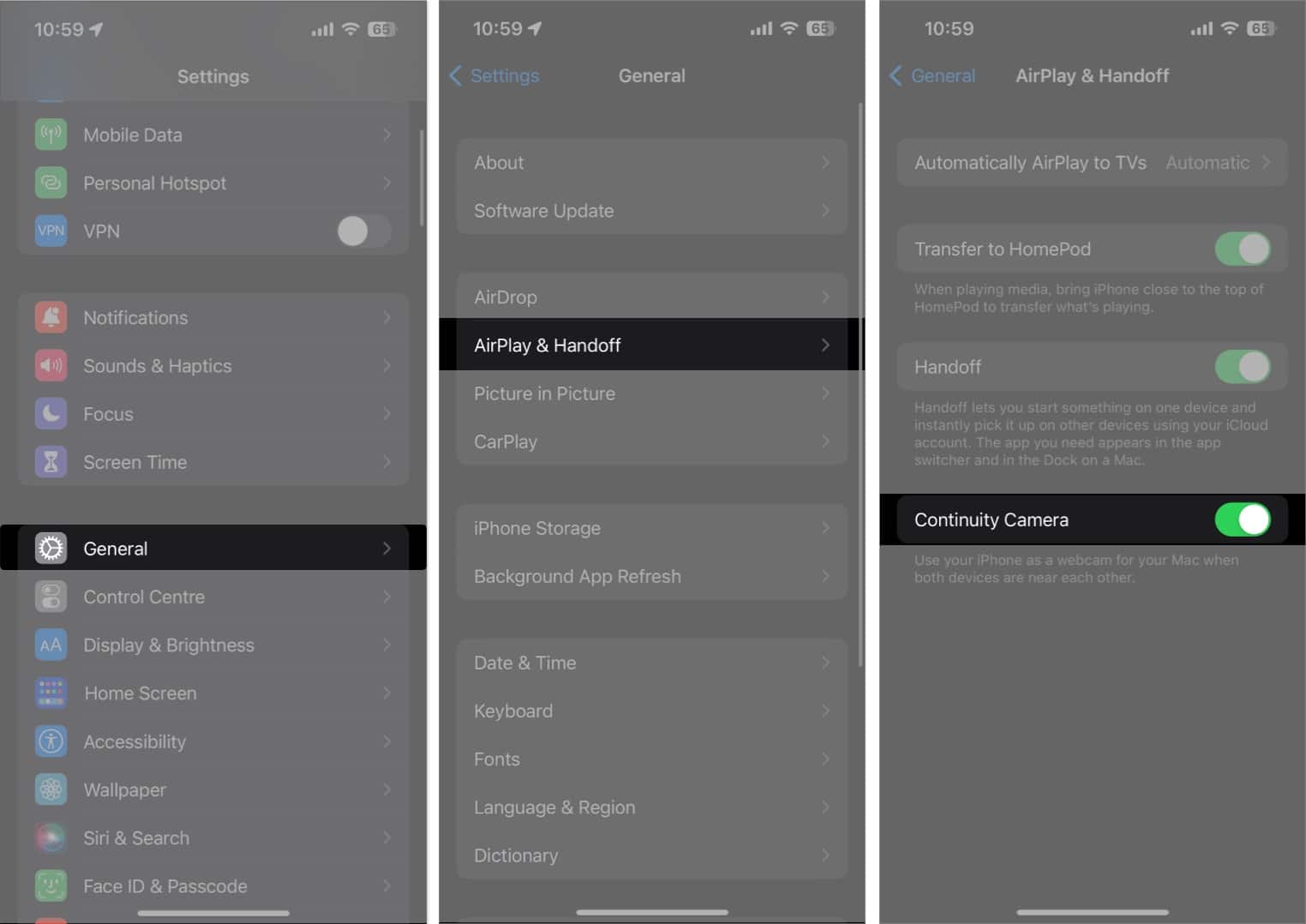 Access General, Airplay & handoff, toggle on Continuity Camera in the settings app