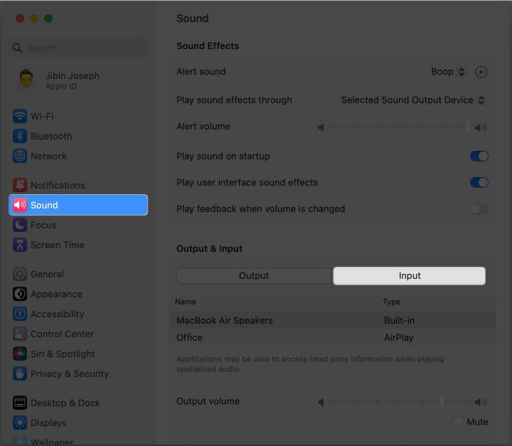 Access Sound, select output in the settings