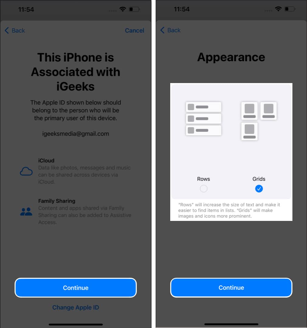 Activate Assistive Access by tapping Continue, choose Grid or Row, and press Continue