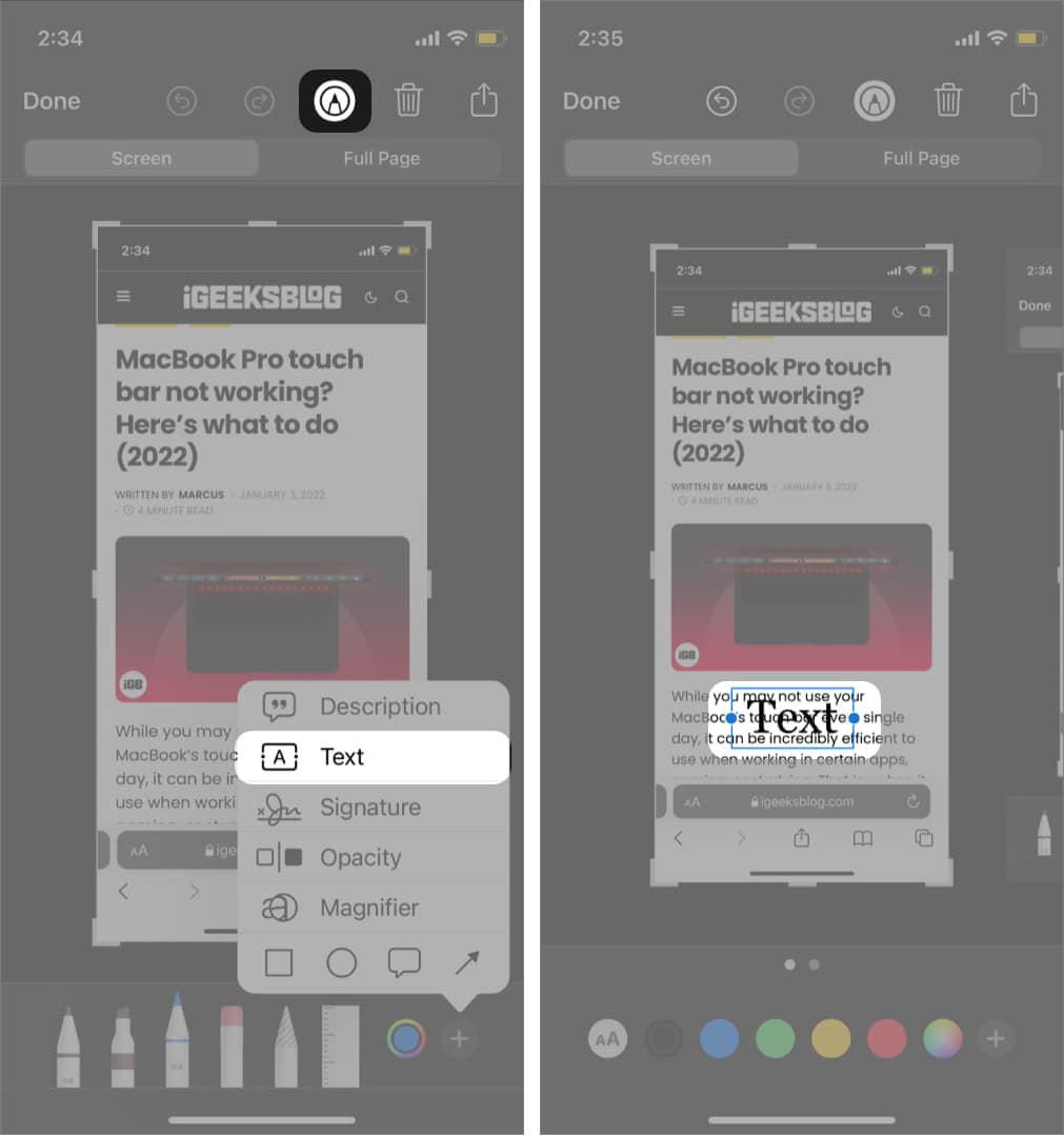 Add text and caption to screenshot on iPhone