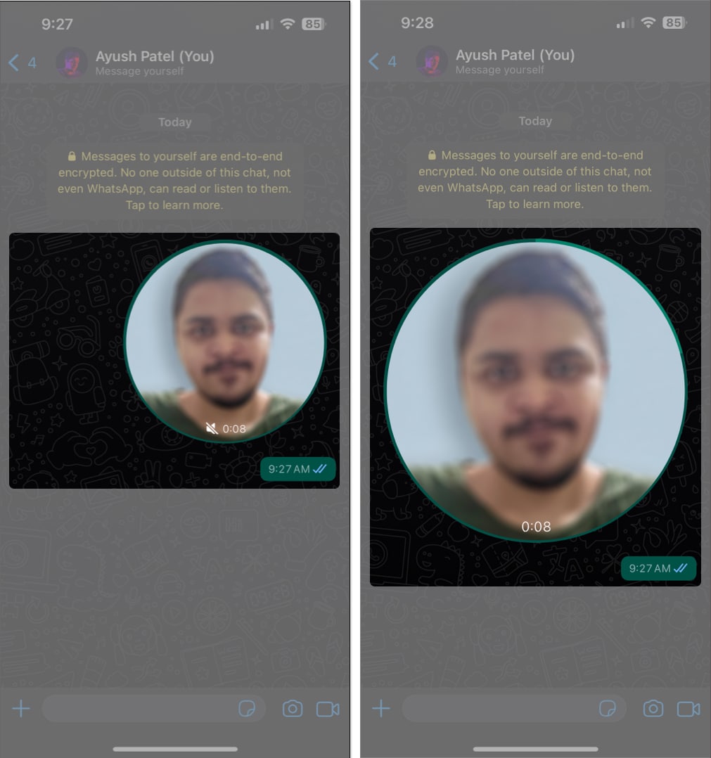Appearance of instant video message in Whatsapp on iPhone