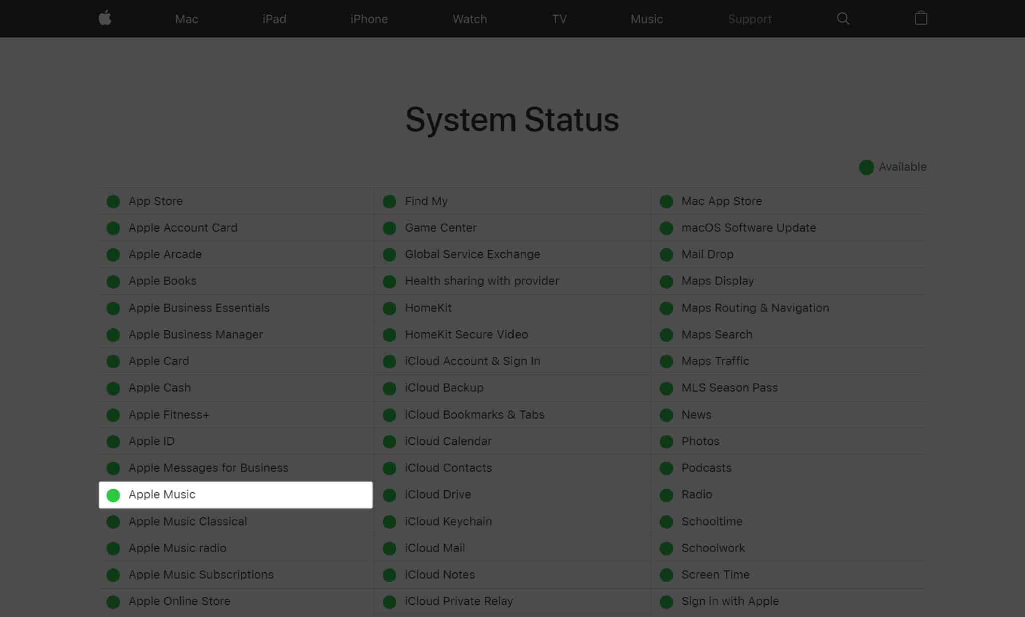 Check for Apple Music System Status