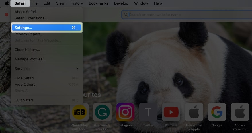 Choose Safari in menu bar and select Settings