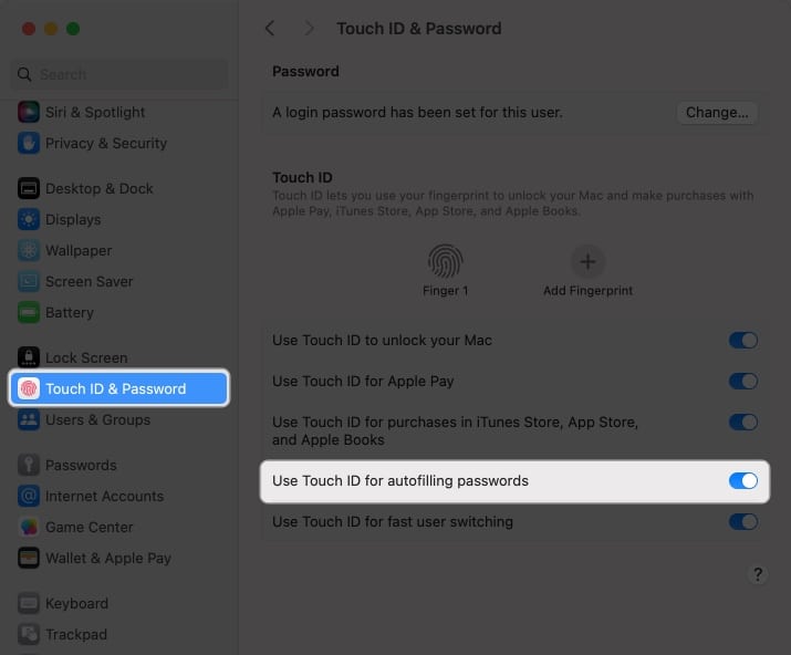 Choose Touch ID & Password and toggle on Use Touch ID for autofilling passwords