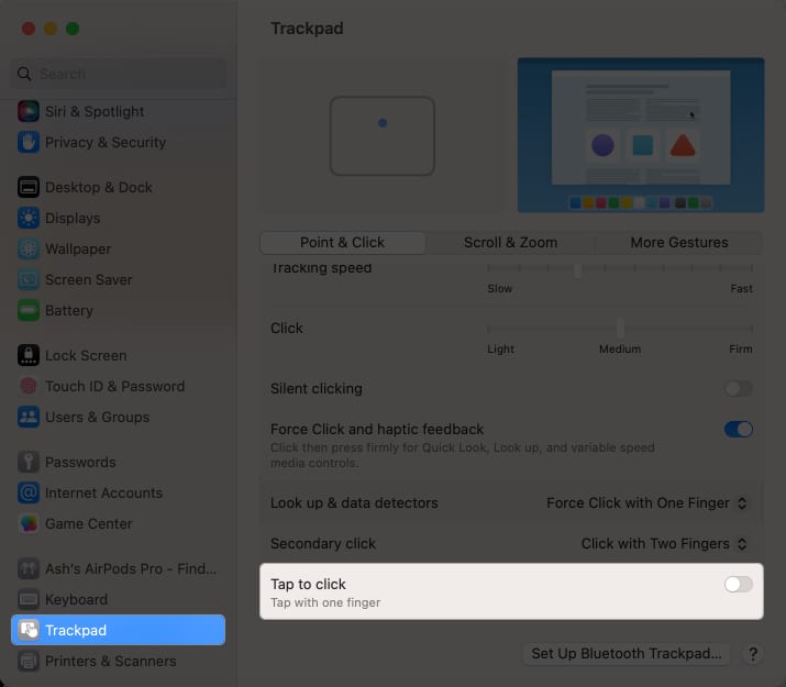 Válassza a Trackpad lehetőséget, és tiltsa le a koppintással kattintást a Rendszerbeállításokban
