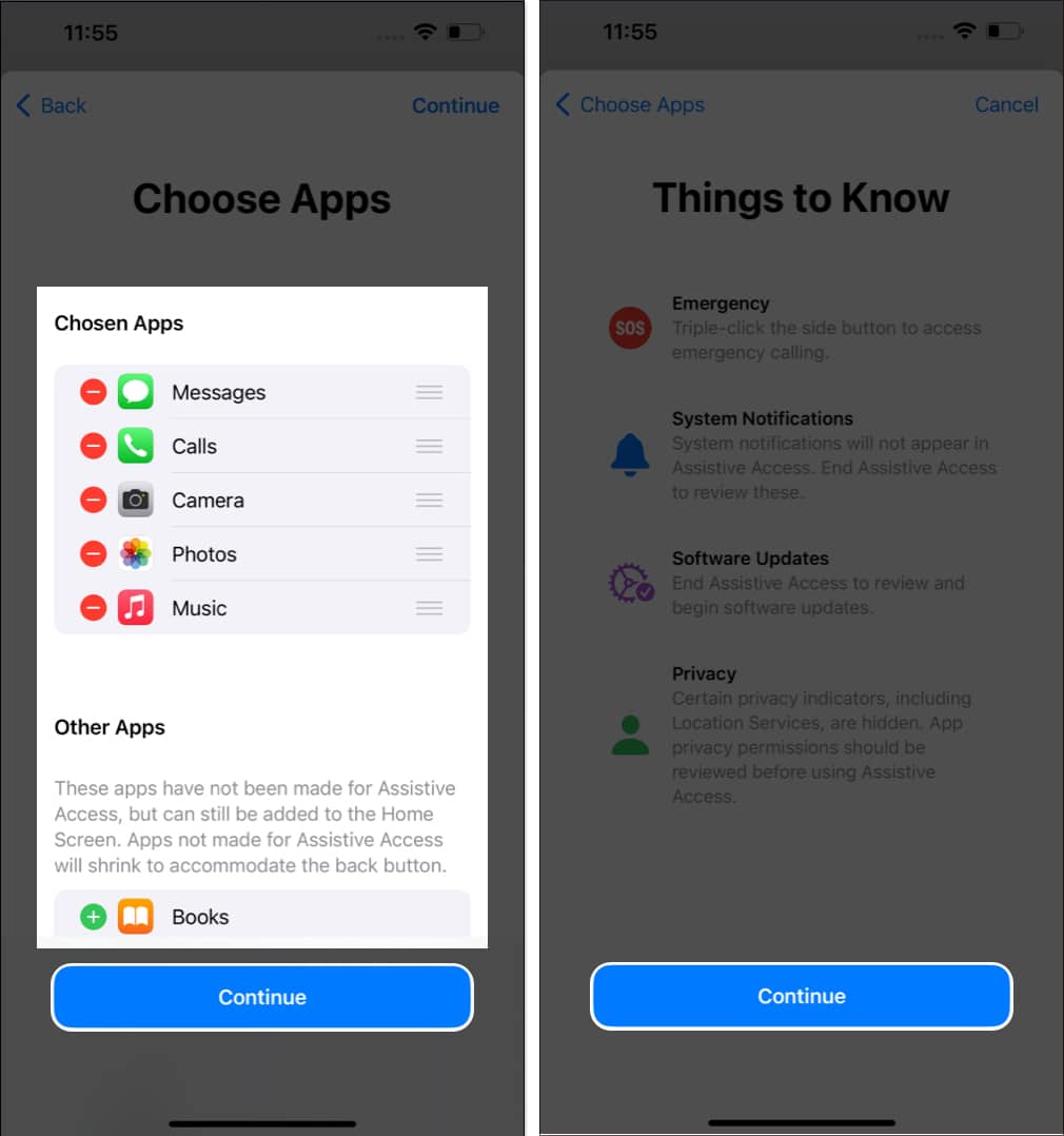 Choose app screen and things to know screen