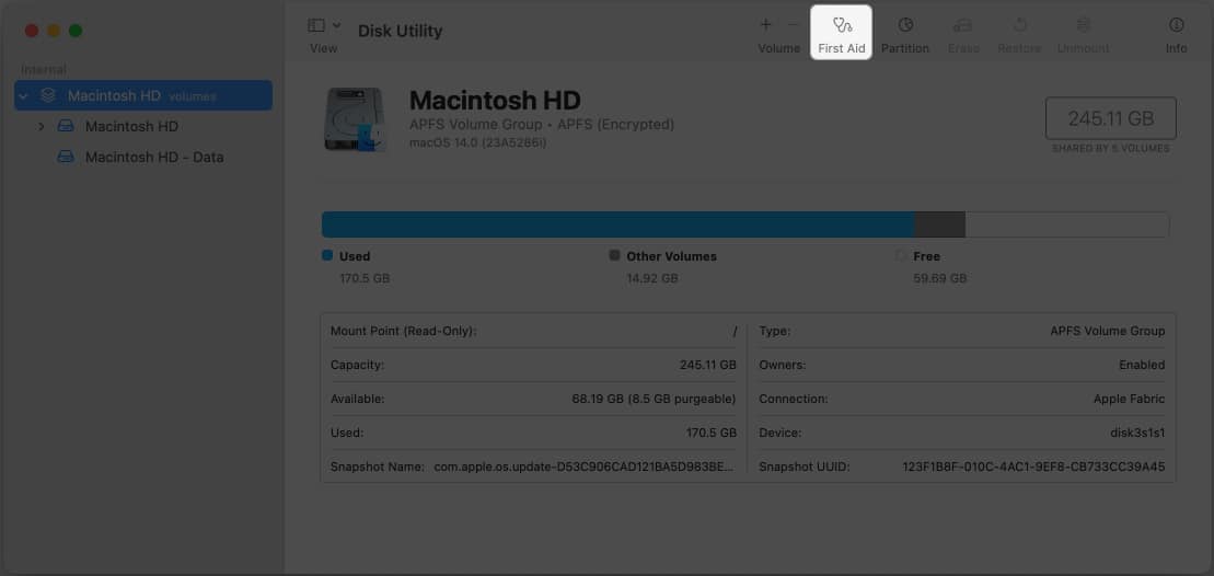 Click First Aid in Disk Utility