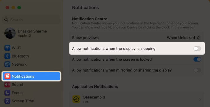 Click Notifications and turn off Allow notifications when the display is sleeping
