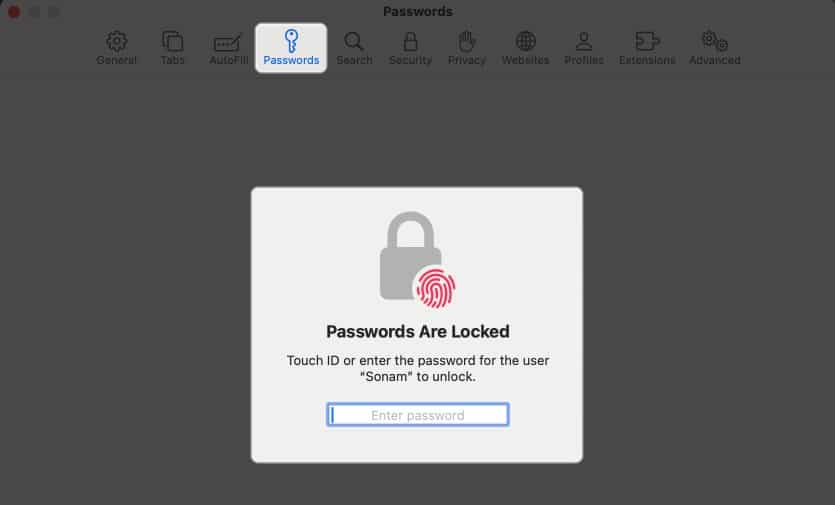 Click Passwords and enter your Mac's password