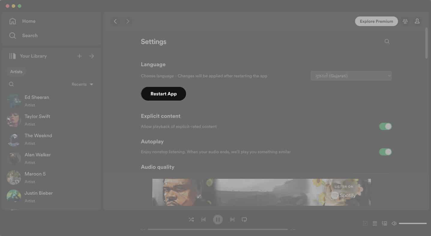 Kattintson az Alkalmazás újraindítása lehetőségre a Spotifyon