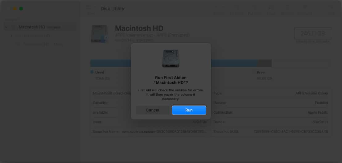 Click Run in Disk Utility