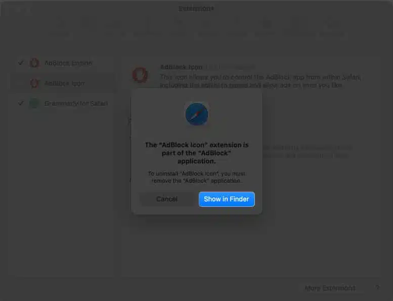 Safari keeps crashing on Mac 11 Ways to fix it Click Show in Finder in Safari extensions
