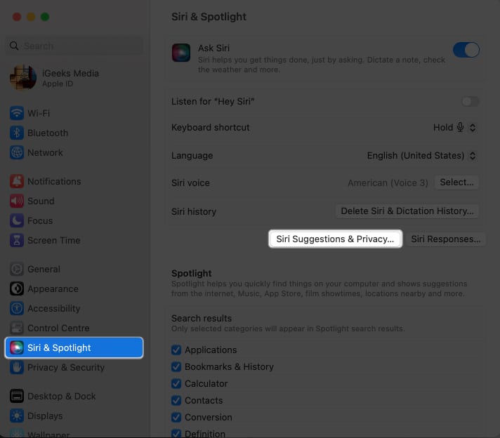 Click Siri Suggestions and Privacy from Siri and Spotlight