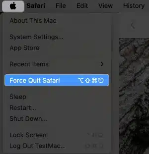 Click apple logo, force quit safari