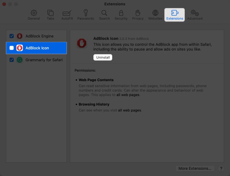 Click extensions, select an extensiion, click uninstall in Safari