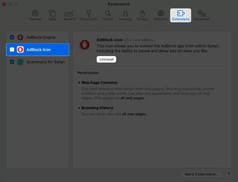 Safari keeps crashing on Mac 11 Ways to fix it Click extensions select an extensiion click uninstall in Safari