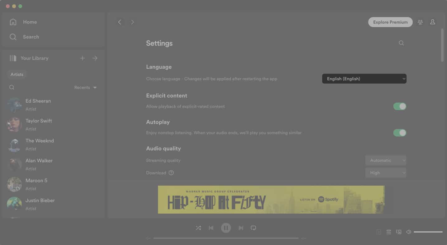 Kattintson a Spotify Nyelvek legördülő menüjére