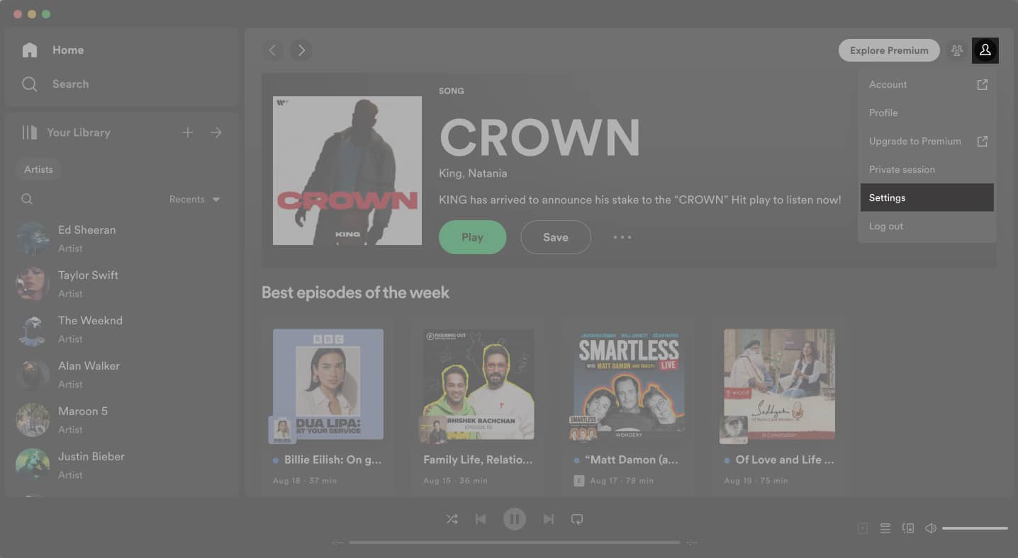 Kattintson a profiljára, a Spotify beállításaira