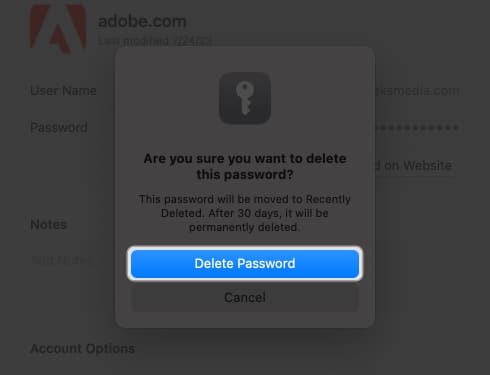 Confirm by clicking Delete Password
