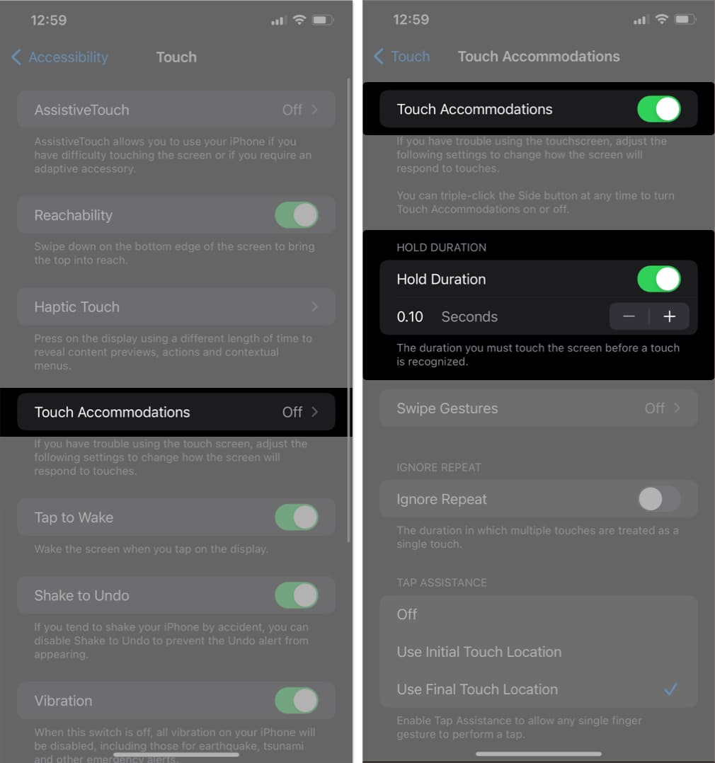 Enable Touch Accommodations and Hold Duration