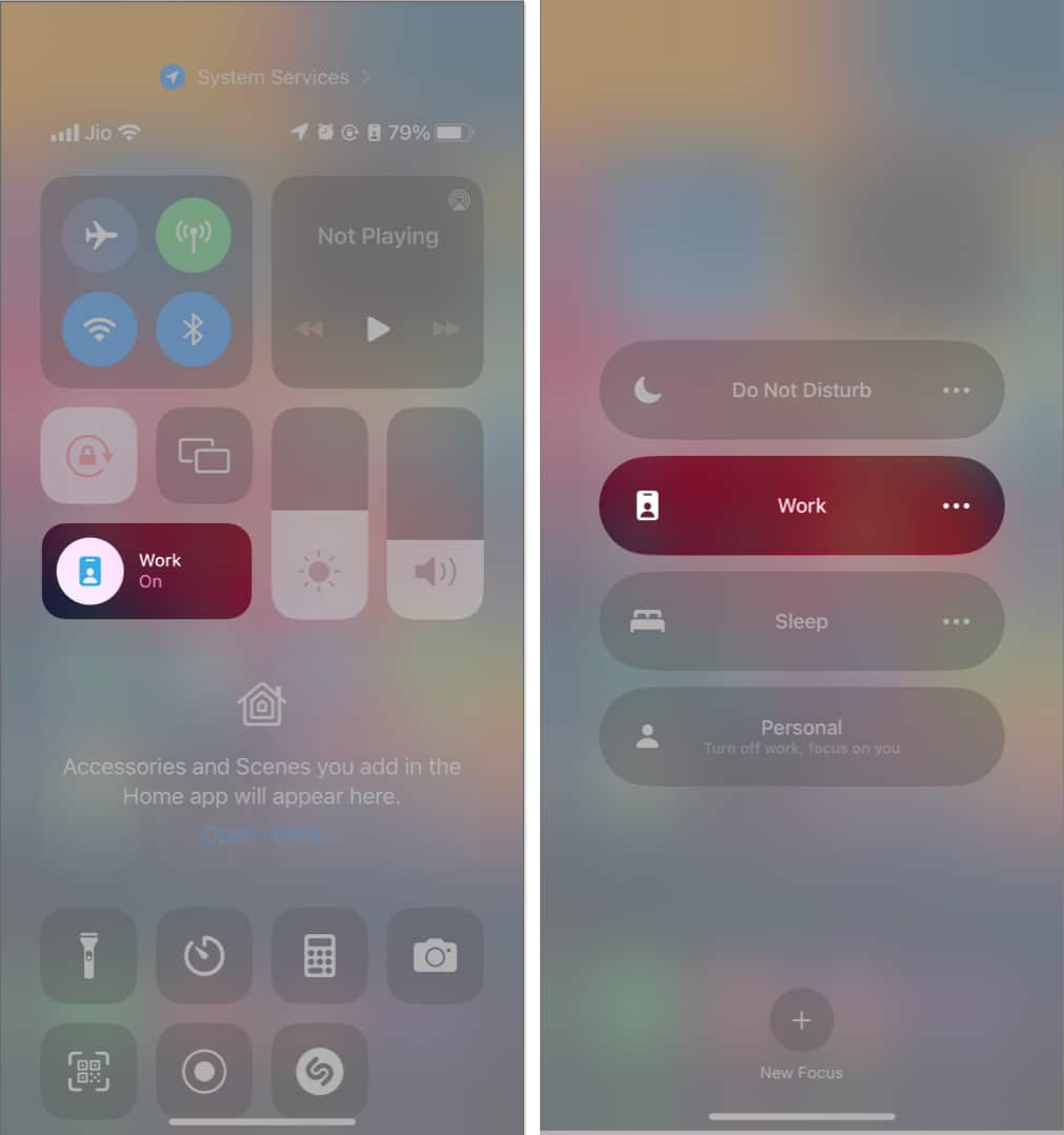 Enable Work mode from control centre