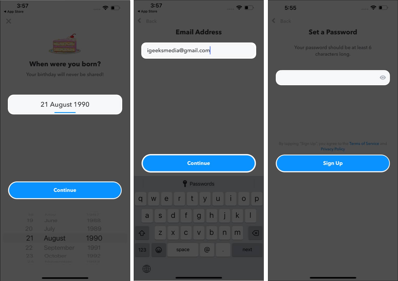 Enter your birthdate, email address, and password then tap Sign Up