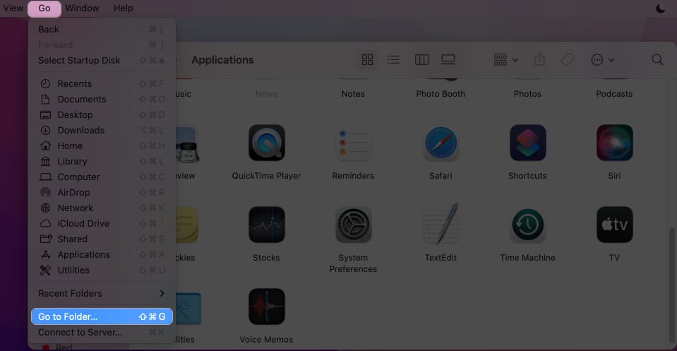 Pencari → Klik Pergi dari bar menu → Pilih Pergi ke Folder